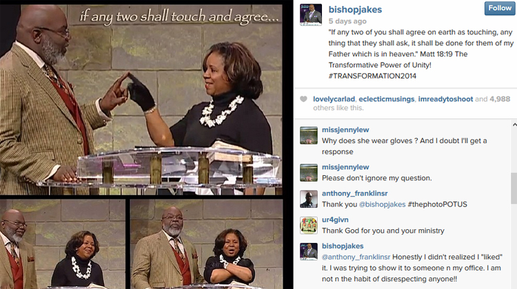 TD Jakes posted an Instagram photograph of Serita Jakes wearing gloves, prompting a commenter to ask why. 